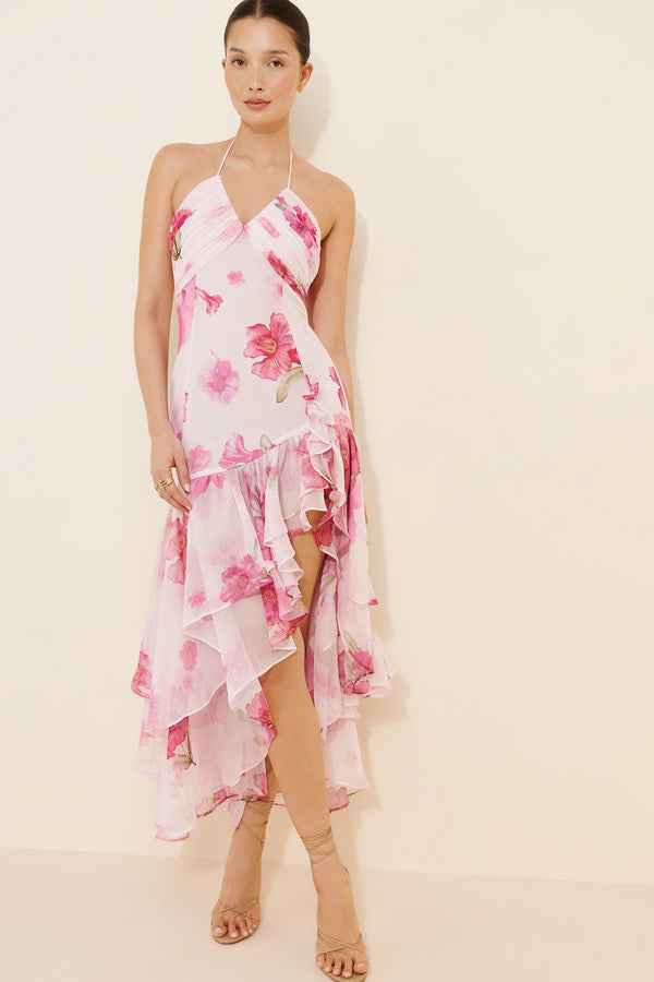 Pink Floral Halter Dress. Featuring a romantic pink floral print, halter neckline, and high-low hem—perfect for brunch, garden parties, and summer styling.