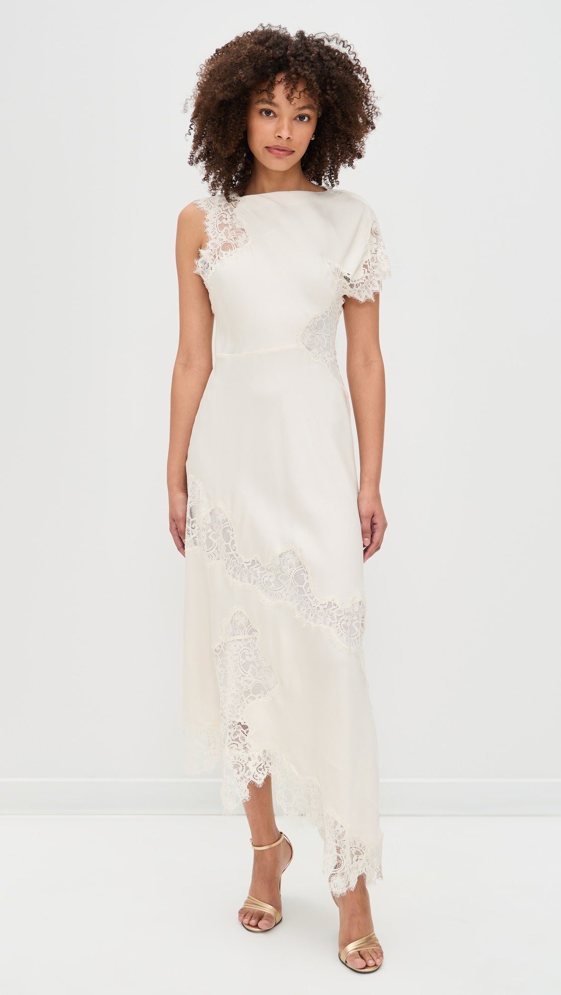 White Lace-Trim Midi Dress. Featuring delicate lace accents, asymmetric hem, and elegant silhouette—perfect for weddings, brunches, and summer events.