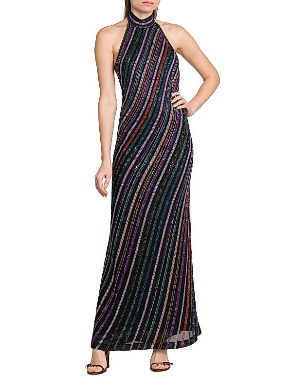 Glitter Stripe Halter Maxi Dress featuring shimmering multicolor stripes, a flattering halter neck, and elegant maxi silhouette.