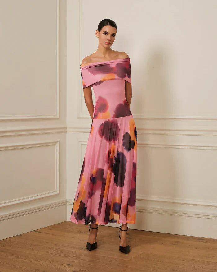 Pink off-shoulder midi dress featuring a romantic abstract print, flattering silhouette, and elegant flowing skirt.