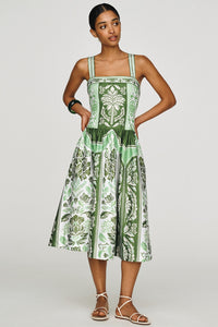 Green Botanical Palm Print Midi Dress