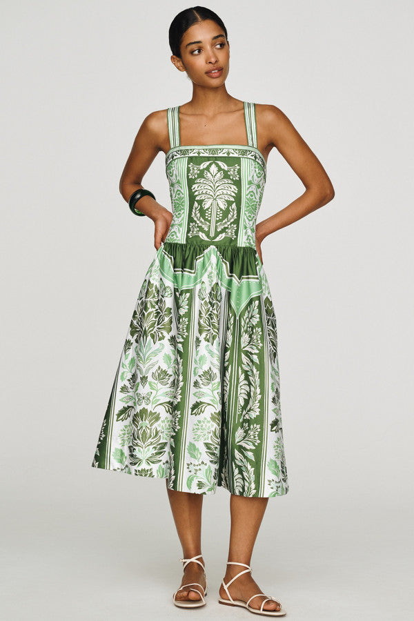 Green Botanical Palm Print Midi Dress. Featuring a vintage toile-inspired palm print, square neckline, and flowy A-line skirt—perfect for summer getaways.