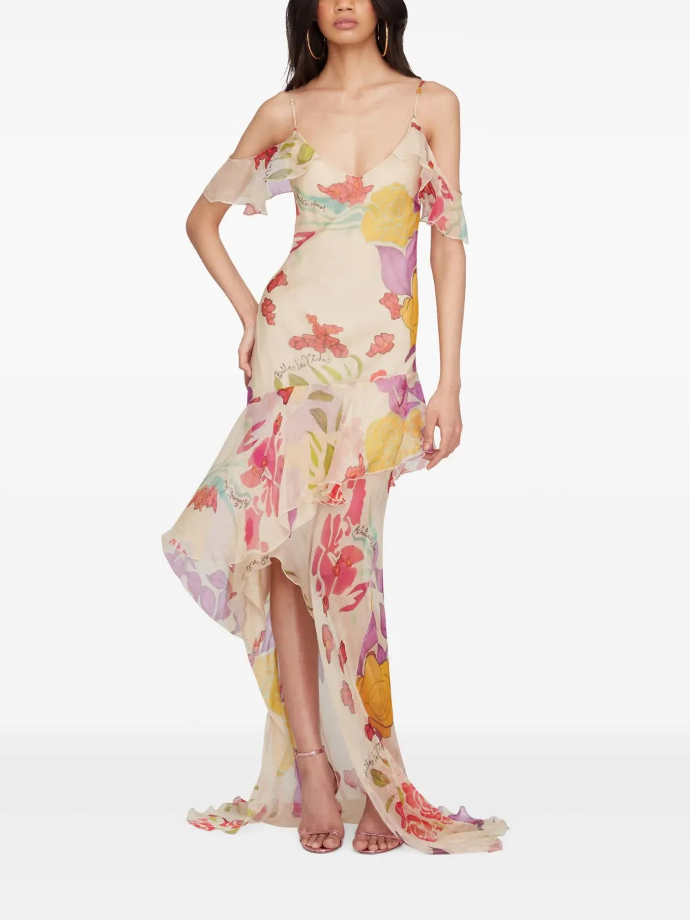 Watercolor Floral High-Low Maxi Dress.Delicate cold-shoulder design,  and a dramatic cascading ruffled hem—perfect for seaside weddings and tropical getaways.