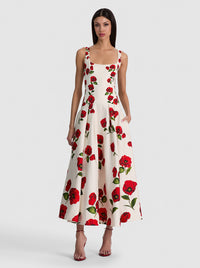 Red Poppy Print Pleated Midi Dress