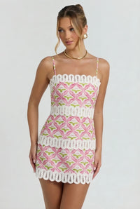 Pink Geometric Scallop Trim Mini Dress