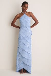 Light Blue Pleated Tiered Halter Maxi Dress