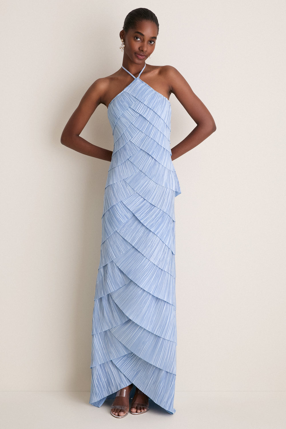 Pleated Tiered Halter Maxi Dress. Fine micro-pleated texture, and cascading geometric tiers—perfect for oceanfront weddings and sophisticated summer galas.