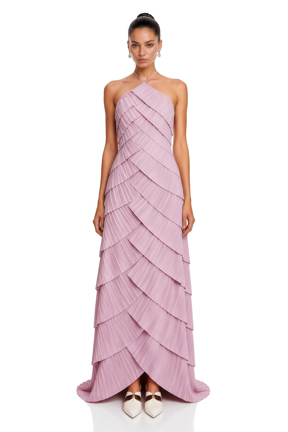 Pleated Tiered Halter Maxi Dress. Fine micro-pleated texture, and cascading geometric tiers—perfect for oceanfront weddings and sophisticated summer galas.
