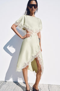 Mint Satin Lace Cutout Asymmetric Midi Dress