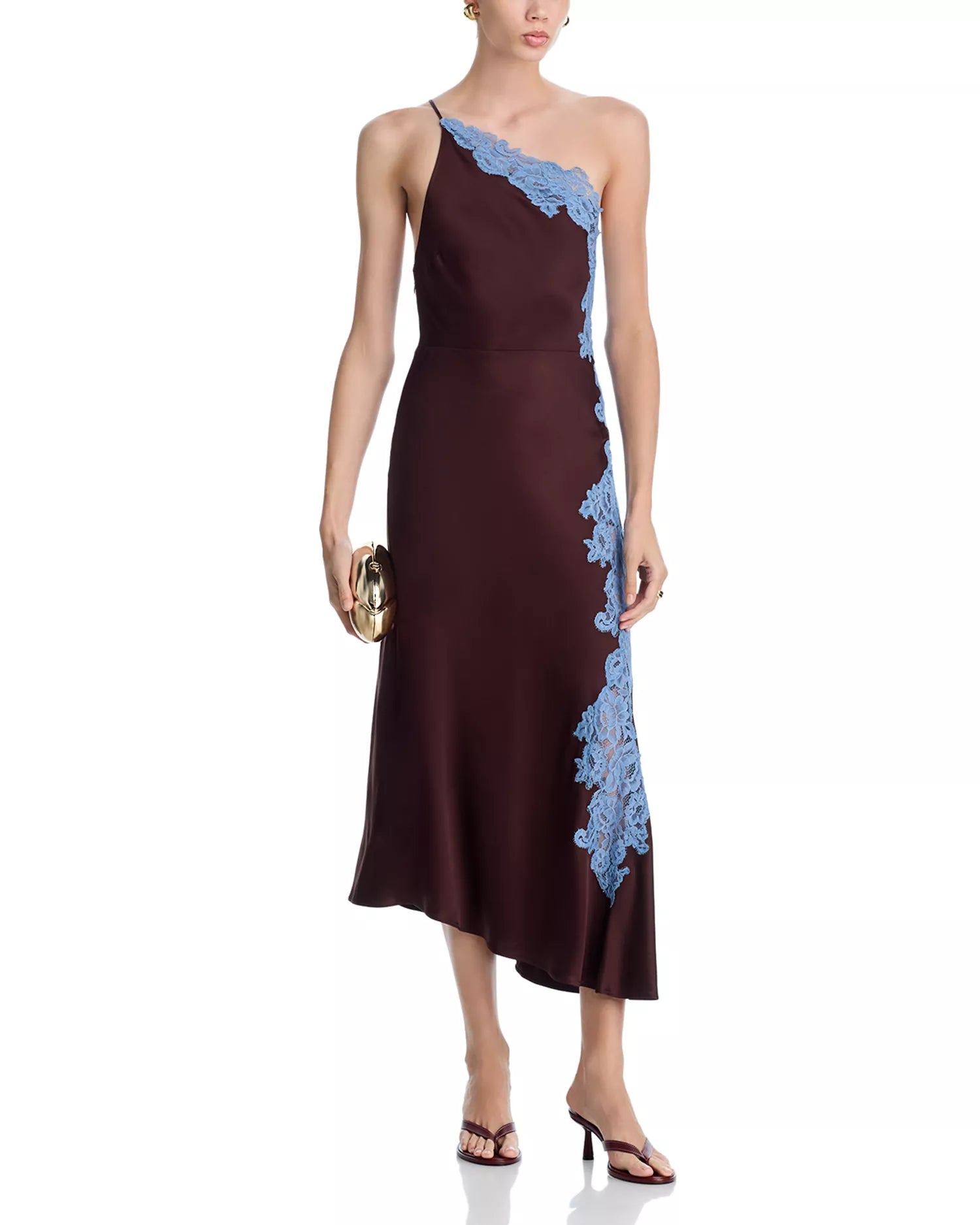 Lace Slip Dress. Modern one-shoulder neckline, and a contrasting light blue lace applique—perfect for upscale resort dinners and cocktail events.