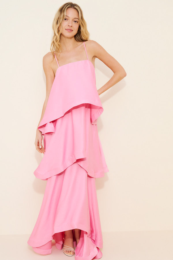Pink Tiered Layered Maxi Dress. Dramatic architectural layered tiers—perfect for summer galas, wedding guest looks, and elegant evening events.