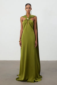 Olive Green Satin Cape Halter Maxi Dress