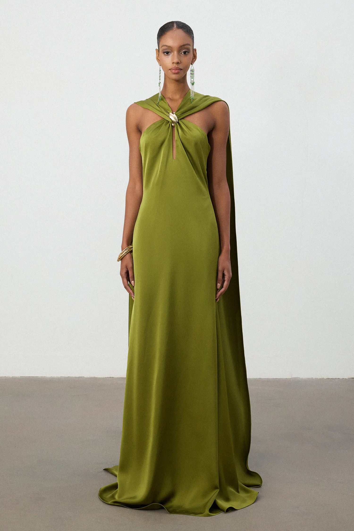 Satin Cape Halter Maxi Dress. Elegant keyhole halter neckline with a gold metallic accent—perfect for upscale resort galas and formal summer evening events.