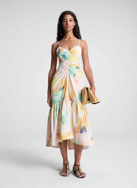 Pastel Watercolor Ruched Flounce Midi Dress
