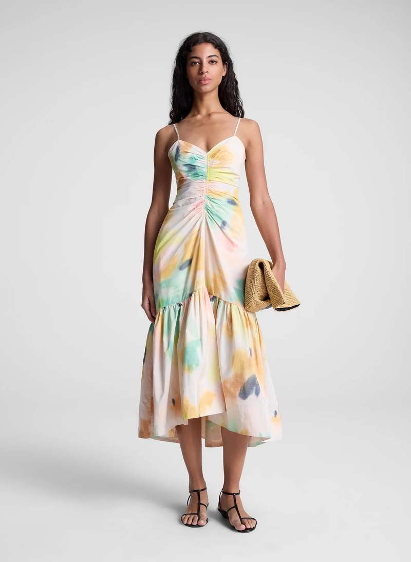 Watercolor Ruched Midi Dress. Featuring an artistic pastel tie-dye print, and a breezy flounce hem—perfect for summer garden parties and coastal vacations.