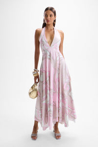 Pink Retro Swirl Plunging Halter Maxi Dress