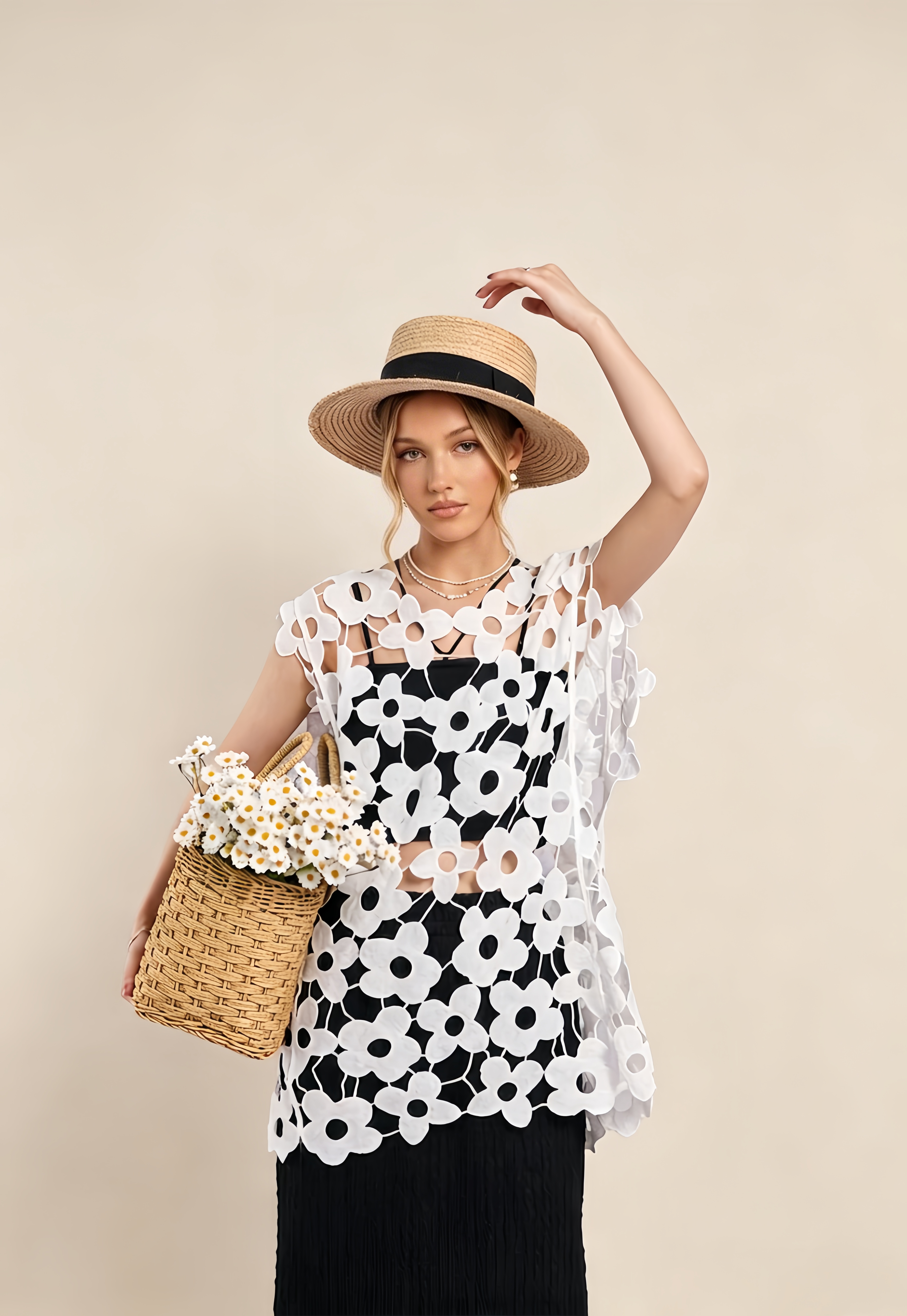 Floral Cutout Lace Top. Inspired oversized daisy applique pattern and a breezy sheer silhouette—perfect for festival styling, beach cover-ups, and sunny getaways.