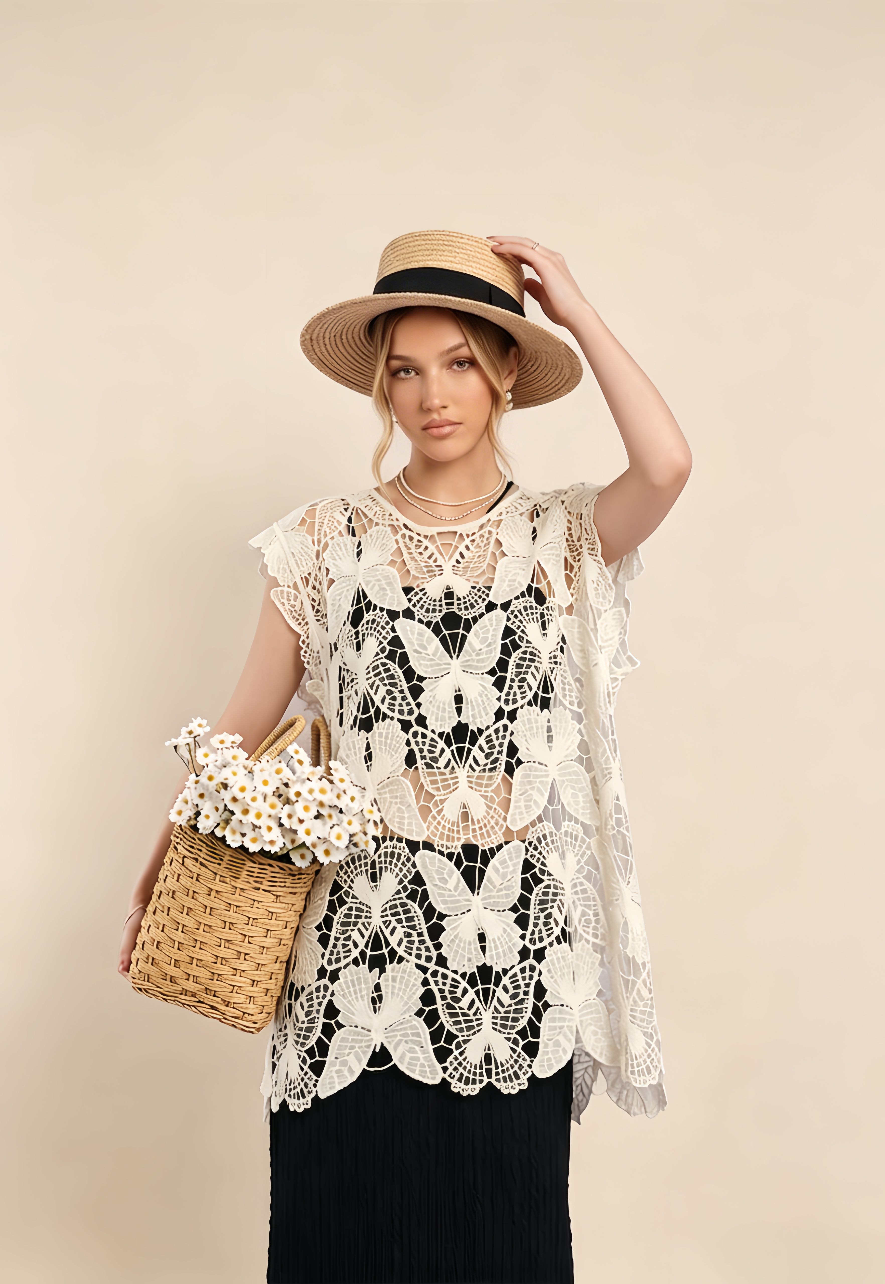 Butterfly Crochet Top . Whimsical butterfly motif, is the perfect breezy layer for beach days, music festivals, and effortless summer styling.