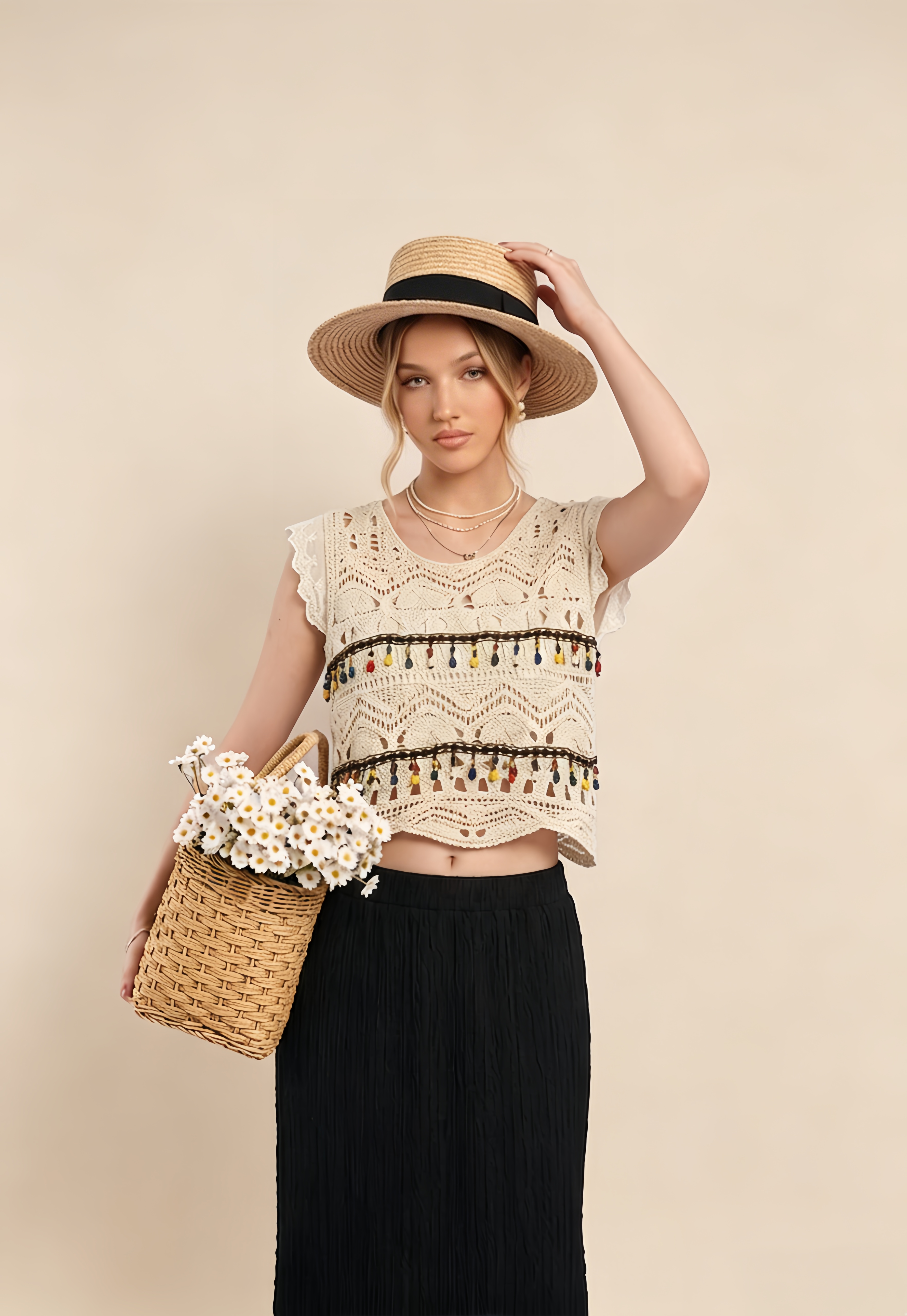 Boho Crochet Crop Top. Featuring intricate crochet detailing, vibrant multi-colored tassel accents—perfect for your next sunny getaway.