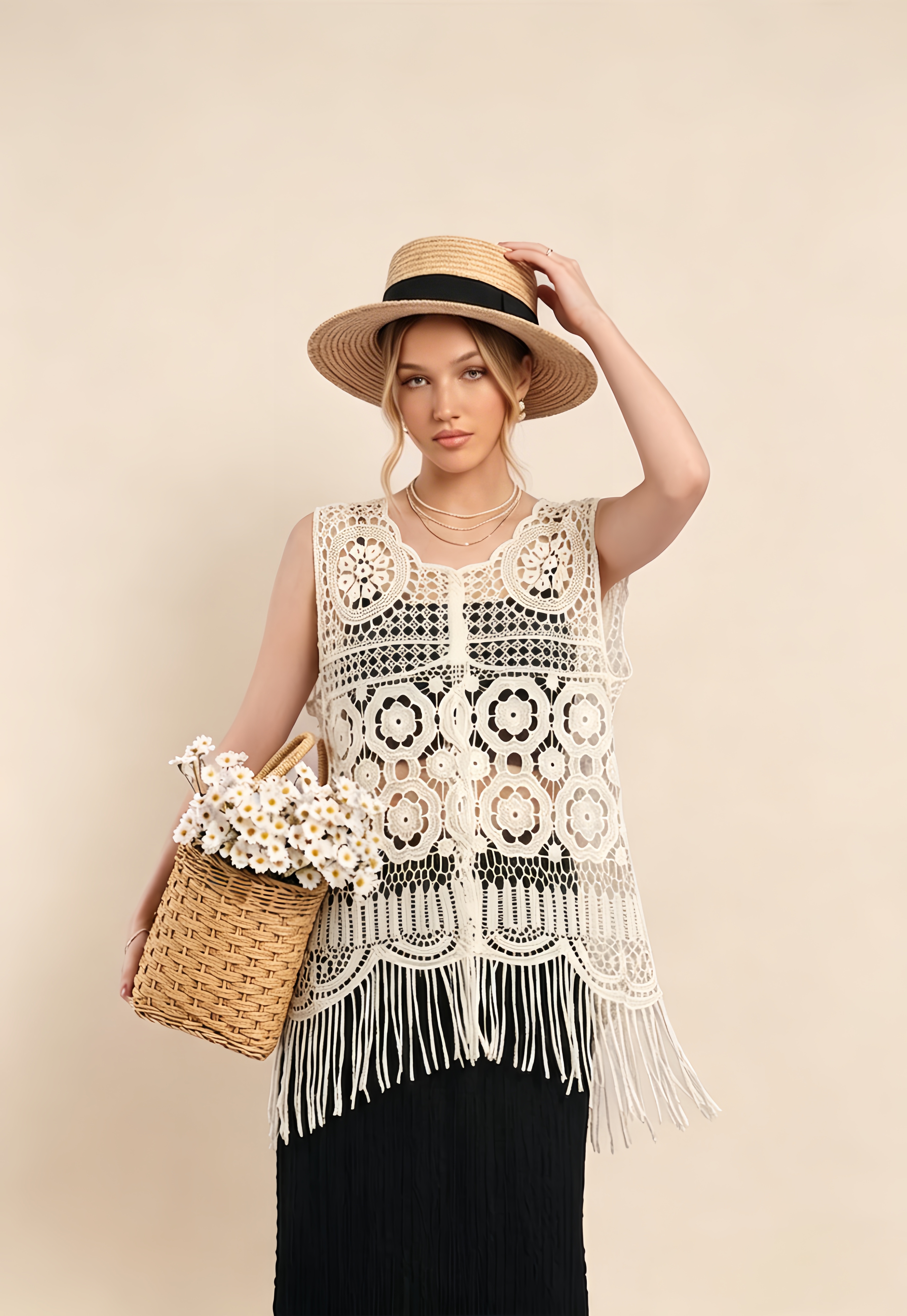 Floral Crochet Fringe Top. Featuring intricate circular crochet patterns, a dramatic fringed hem—perfect for adding a touch of bohemian elegance to your summer wardrobe.