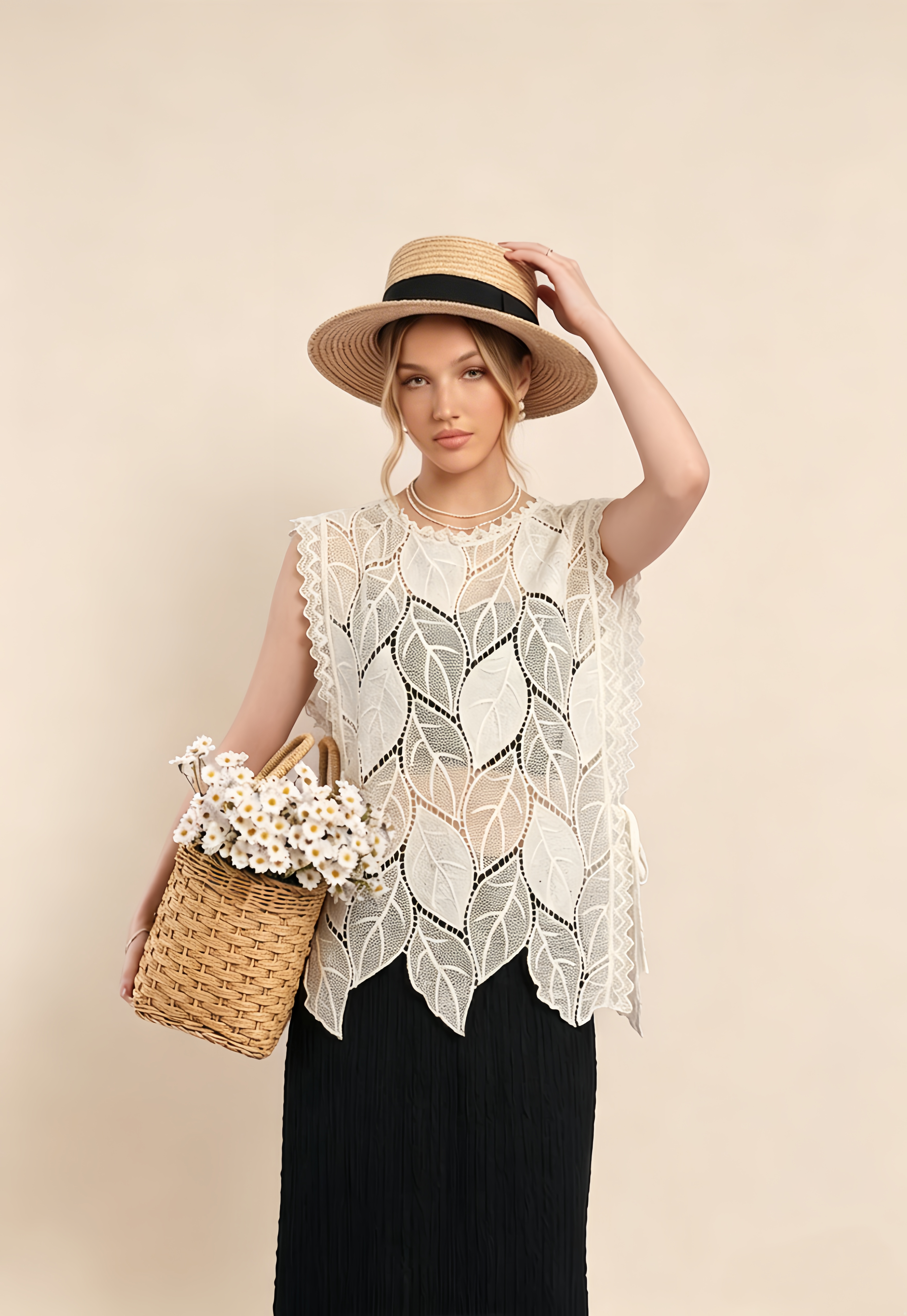 Elegant Leaf-Pattern Lace Top. Featuring intricate laser-cut leaf motifs, delicate scalloped edges—the perfect sophisticated addition to your summer resort wardrobe.