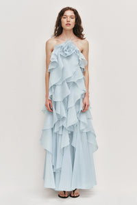 Ethereal Light Blue Ruffled Maxi Dress with 3D Rosette Detail