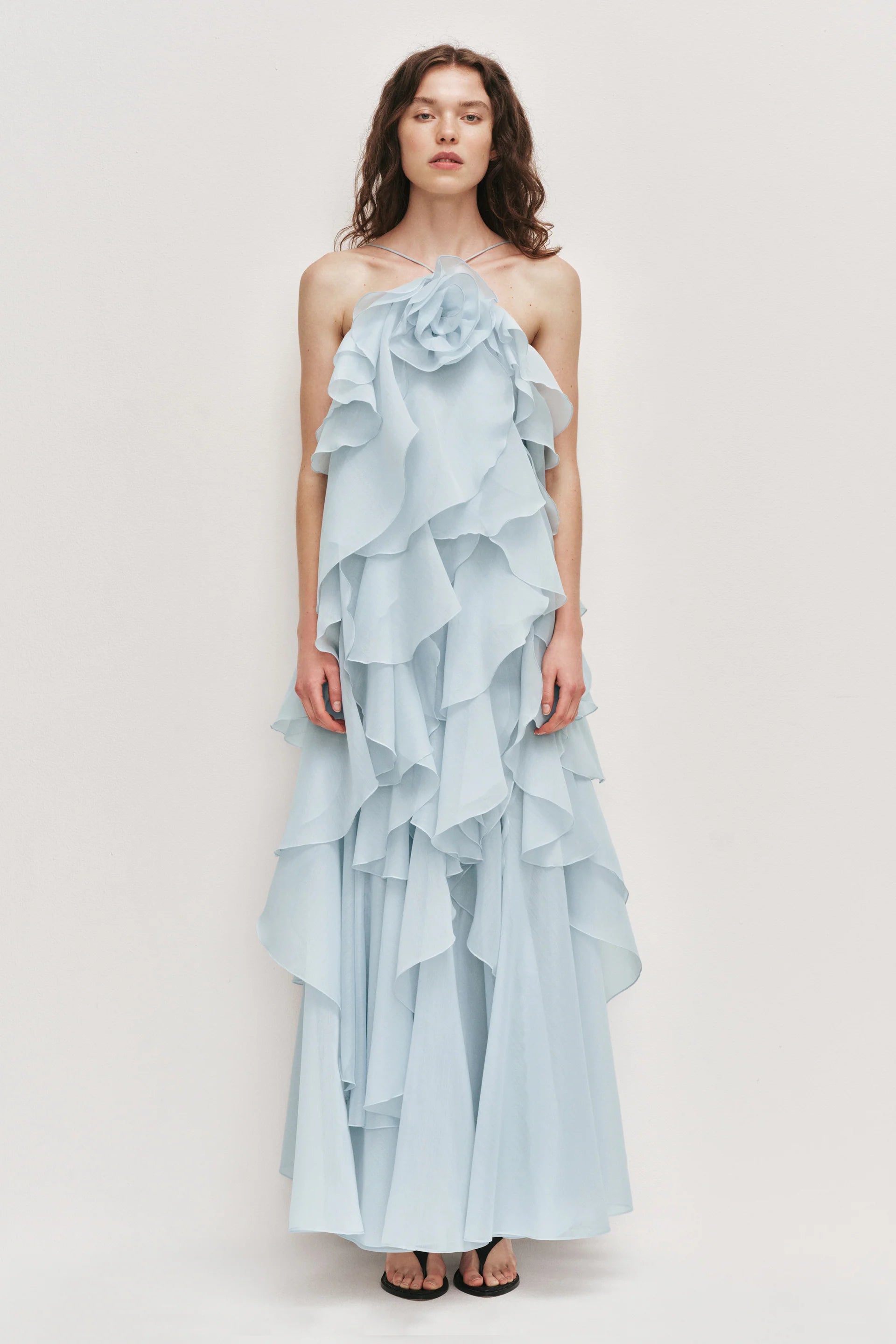 Ethereal Light Blue Ruffled Maxi Dress with 3D Rosette Detail