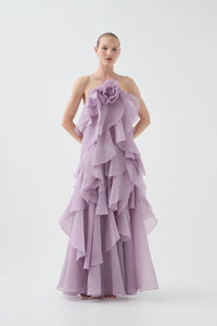 Ethereal Lilac Ruffled Maxi Dress with 3D Rosette Detail