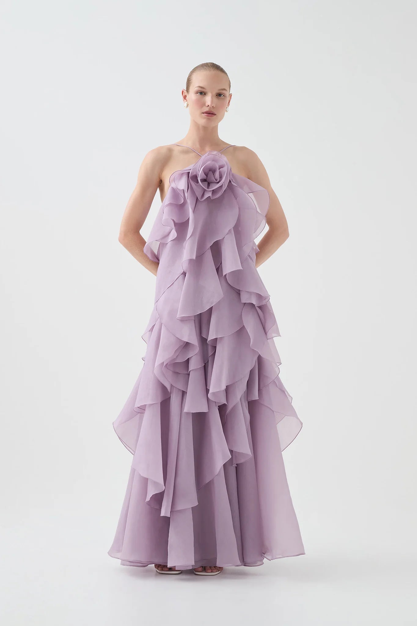 Ethereal Lilac Ruffled Maxi Dress with 3D Rosette Detail