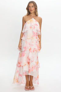 Romantic Floral Print Halter Ruffled High-Low Maxi Dress