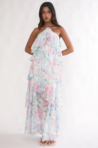 Watercolor Hydrangea Floral Halter Ruffled Maxi Dress