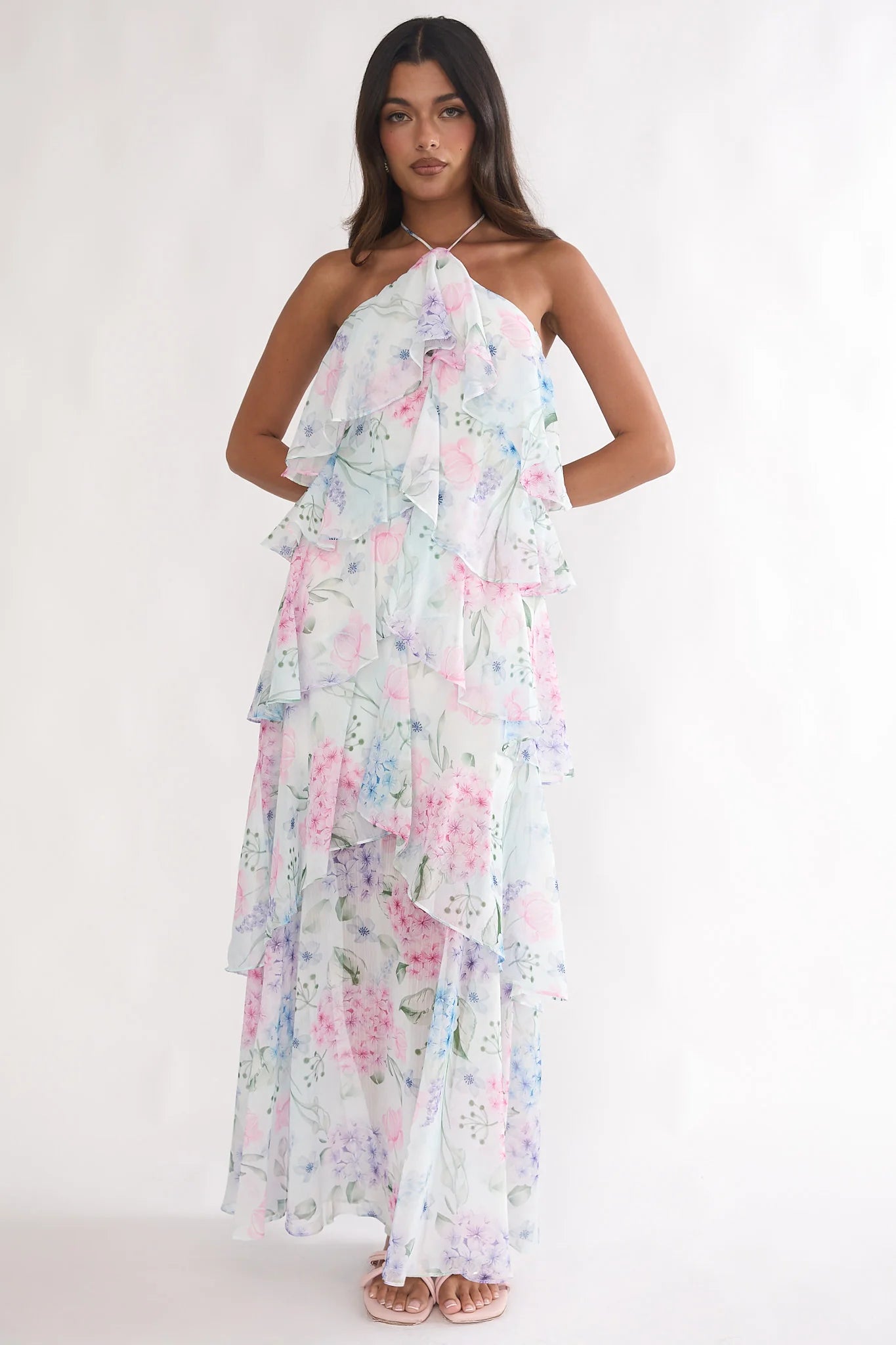 Watercolor Hydrangea Floral Halter Ruffled Maxi Dress