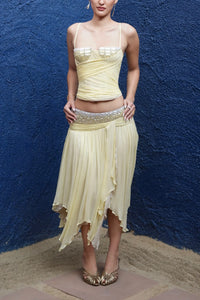 Vintage Yellow Ruched Camisole and Asymmetric Midi Skirt Two-Piece Set