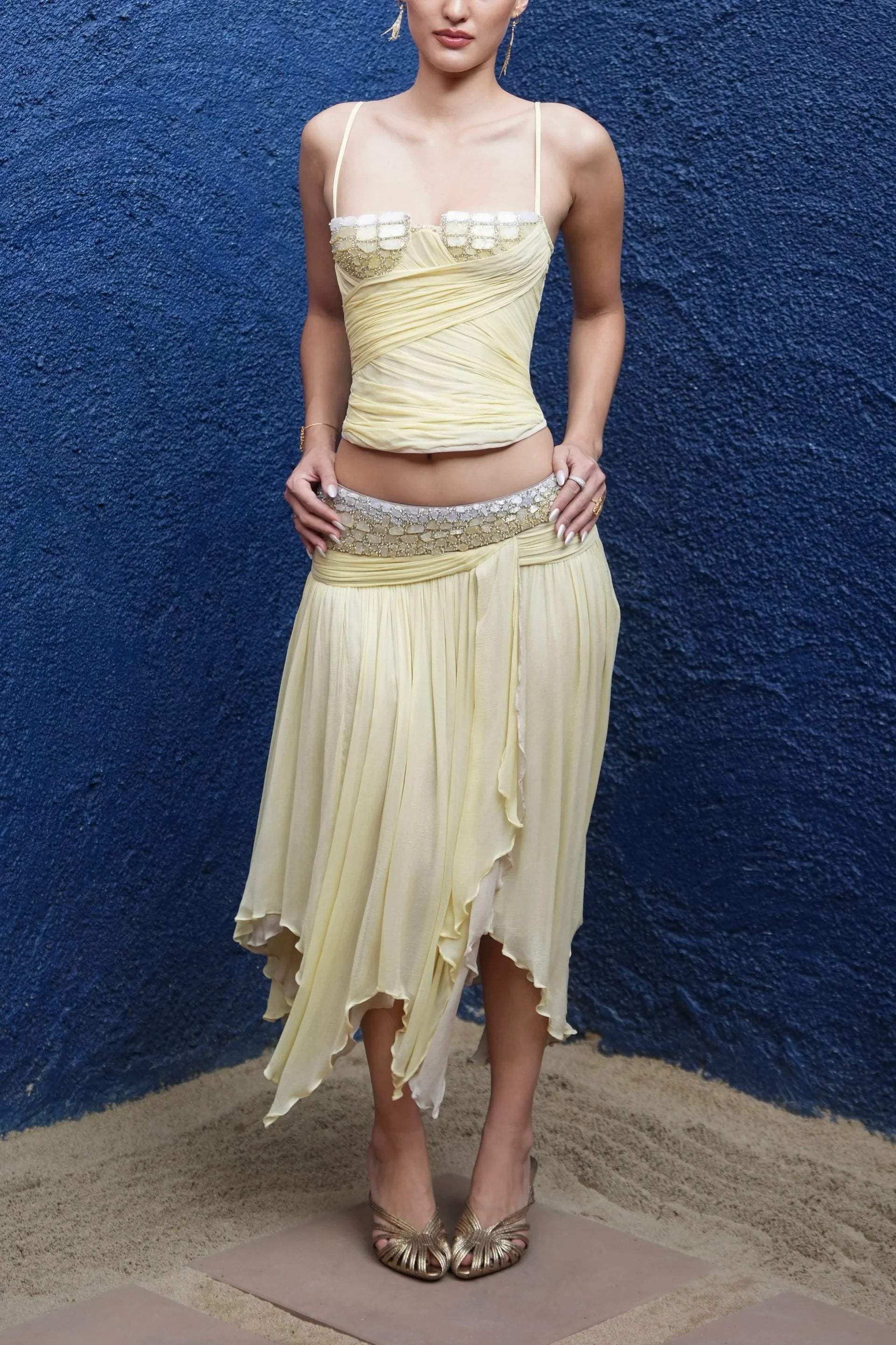 Vintage Yellow Ruched Camisole and Asymmetric Midi Skirt Two-Piece Set