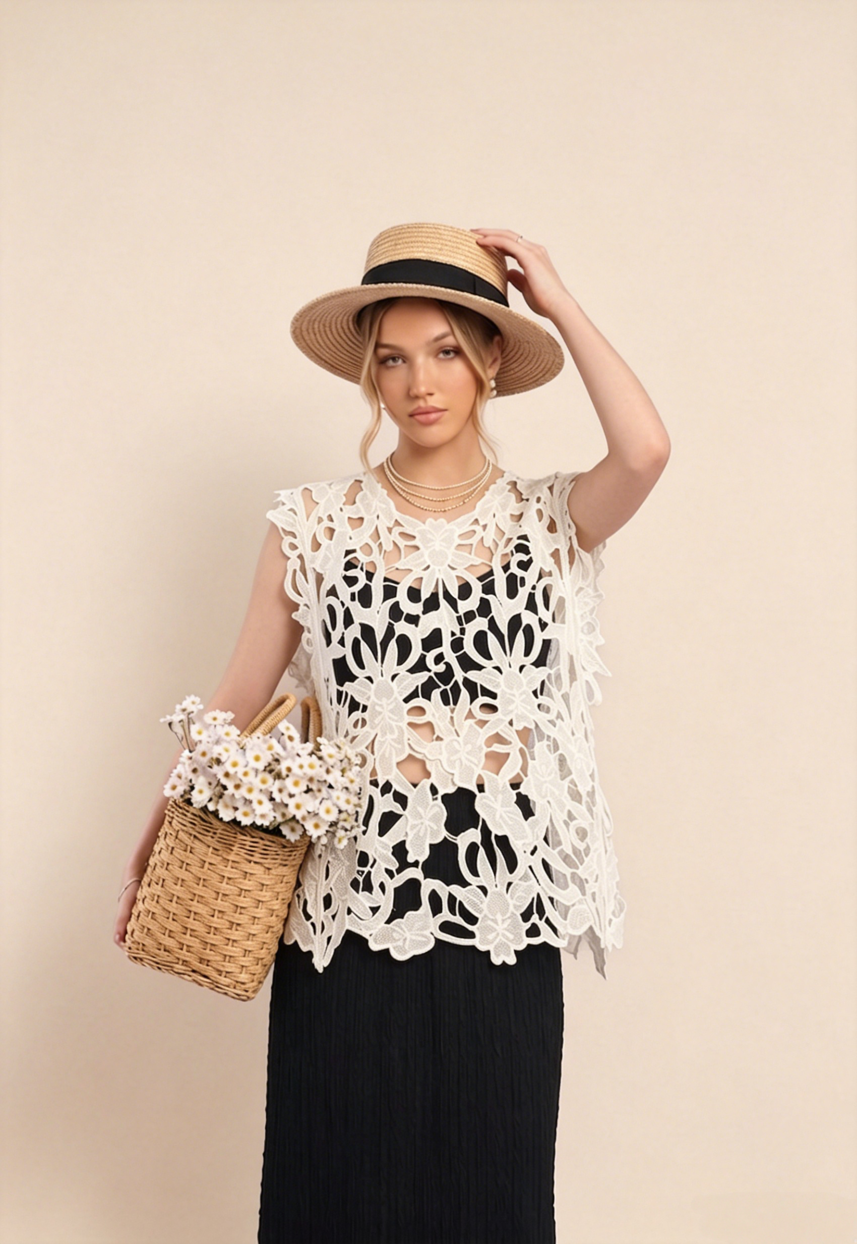 Floral Cutout Top. Featuring intricate floral cutouts, a delicate open-work design—the perfect sophisticated layering piece for your summer resort wardrobe.