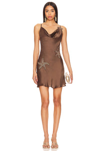 Satin Cowl Neck Mini Dress with Beaded Starfish Accents