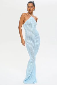 Blue Chevron Knit Halter Maxi Dress