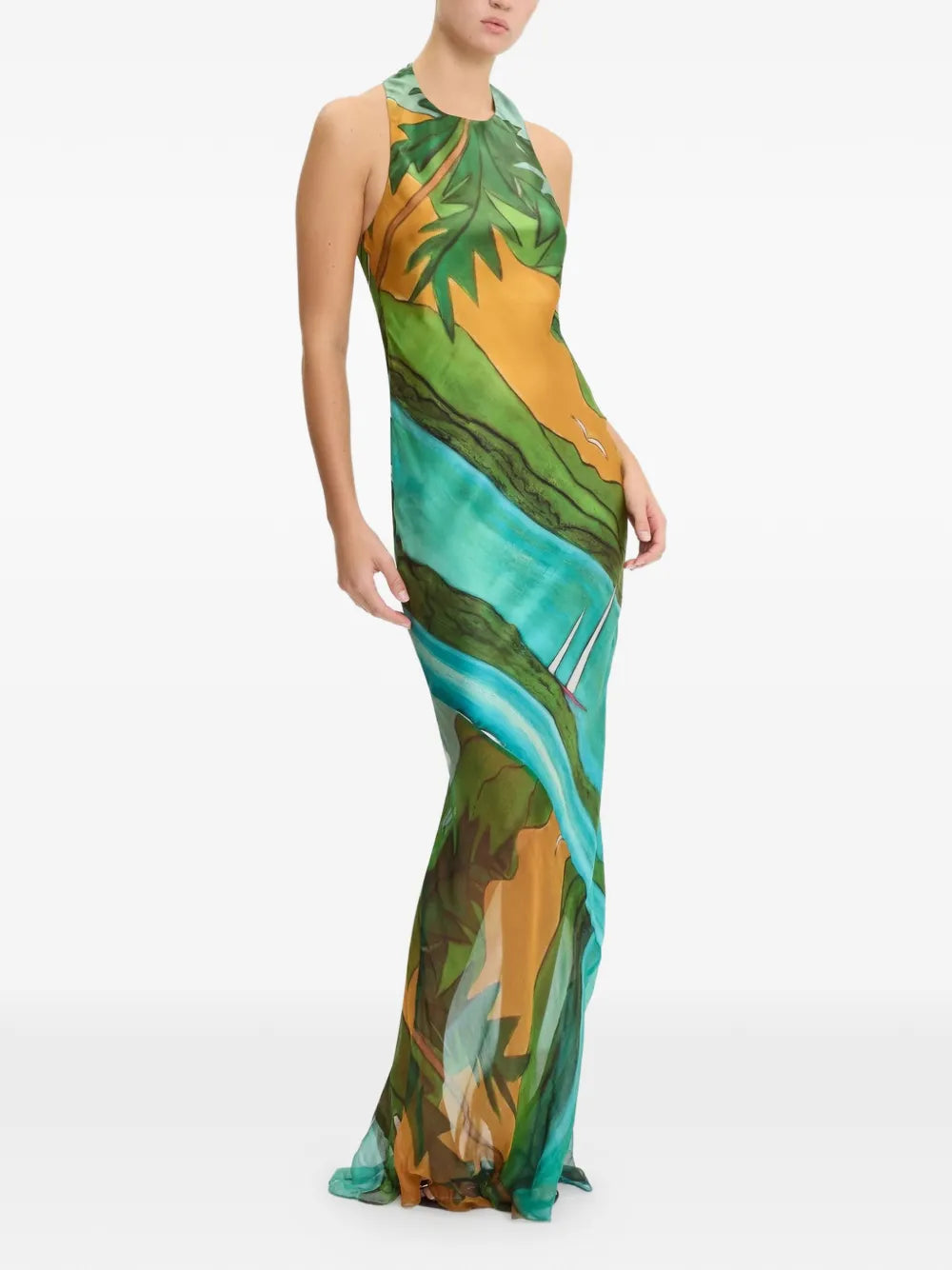 Scenic Tropical Landscape Halter Maxi Dress.Featuring a stunning hand-painted style coastal landscape,and a fluid floor-length drape—perfect for luxury resort evenings.