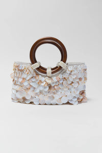 Artisanal Ivory Cascading Shell Tote with Wooden Handles