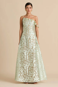 Floral Jacquard One-Shoulder Maxi Dress