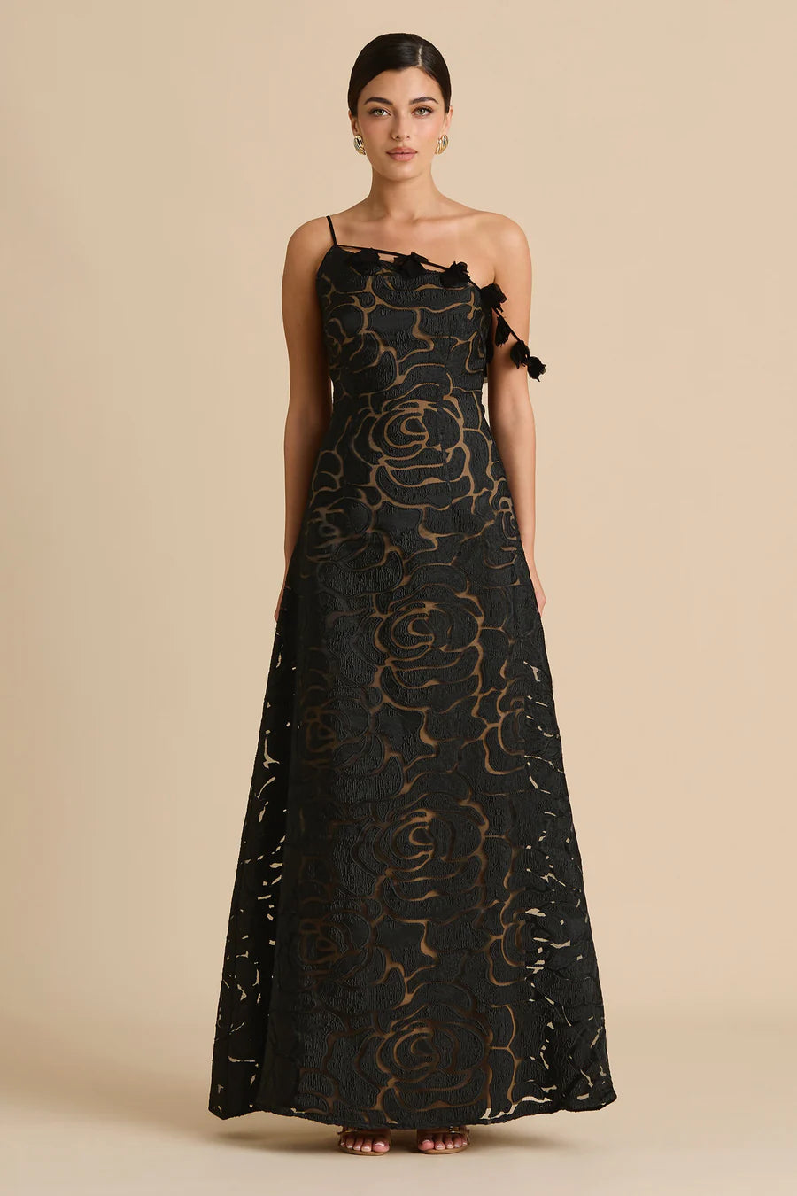 Floral Jacquard Maxi Dress.Sophisticated rose-patterned jacquard, design with delicate leaf accents—the ultimate statement piece for luxury summer events.
