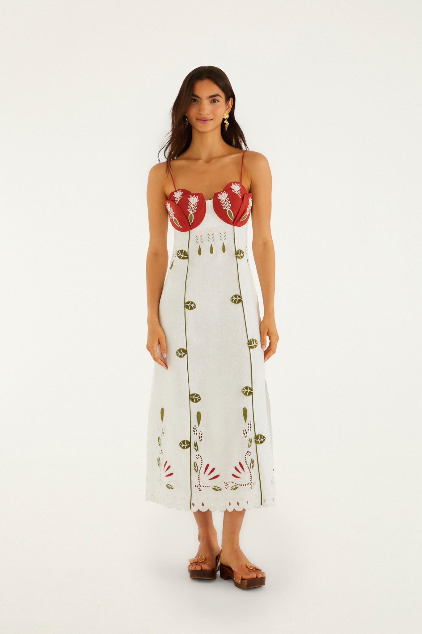 Tulip Midi Dress. Featuring unique tulip-shaped cups, intricate Richelieu—the perfect sophisticated statement for your summer wardrobe.