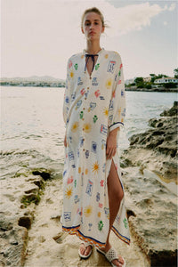 Mediterranean Summer Print Halter-Tie Slit Maxi Kaftan Dress