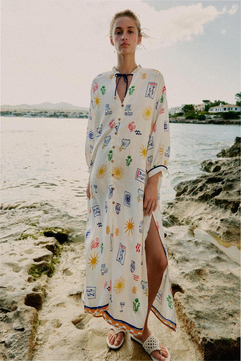 Mediterranean Summer Print Halter-Tie Slit Maxi Kaftan Dress