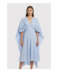 Architectural Striped Cape-Sleeve Midi Dress