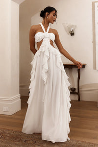 Cascading Ruffle Halter Maxi Dress