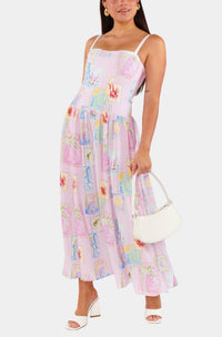 Pink Tropical Postcard Print Drop-Waist Midi Dress