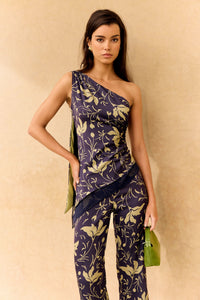 Navy & Gold Floral One-Shoulder Co-ord Set