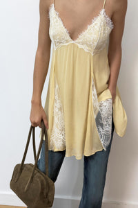 Romantic Pastel Yellow Lace-Trim Ruched Mini Dress