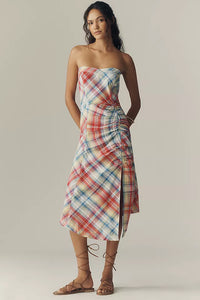 Vibrant Plaid Ruched Strapless Midi Dress